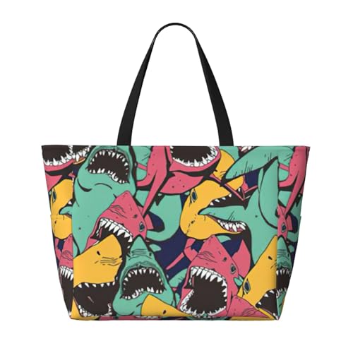 Shark Pattern print Large Waterproof Beach Bag for Women Tote Bag for Travel Vacation fun Travel Bag2
