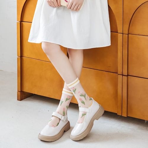 Image of Starella Womens Summer Sheer Socks Mesh Cute Floral Dress Sock Transparent Nylon See Through Stockings 3 Pairs