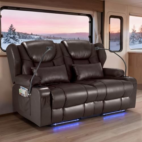 Image of Redlife Power Loveseat Recliner Sofa, PU Leather Dual Reclining Couch with Vibration ＆ Heating, Blue LED Base Lights, USB Ports, Cup Holders & Phone Holders, Home Theater & RV Reclining (Brown)