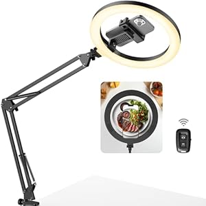 InnoGear Ring Light with Overhead Phone Mount, 10″ LED Selfie Light with Arm Stand Camera Mount Canvas Lamp with Phone Holder Remote Desk Light for YouTube Live Stream Cooking Video Recording