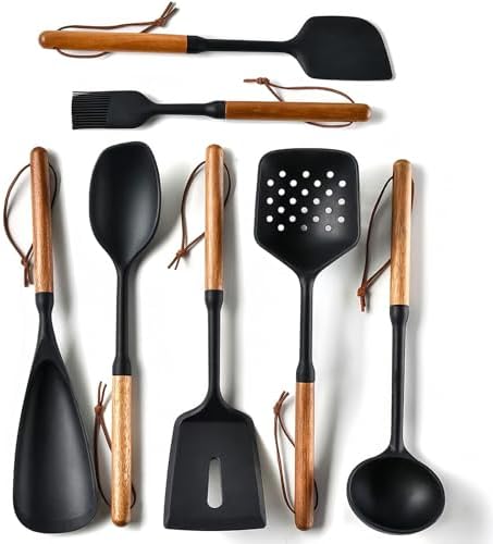 Premium Silicone Cooking Utensils Set - Non-Toxic, Heat-Resistant Kitchen Utensils Set with Food-Grade Silicone & Wood Handles - Includes Spatula & Spoon for Non-Stick Cookware, Black
