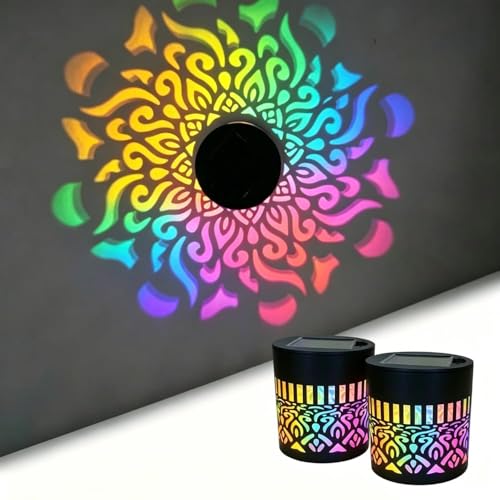 Solar Mandala Lights Outdoor Wall Color Changing Solar Mandala Projector Light Waterproof Metal Garden Fence Lamp for Yard Patio Deck Step Post Pathway Backyard Garden Decor (A 2PCS)