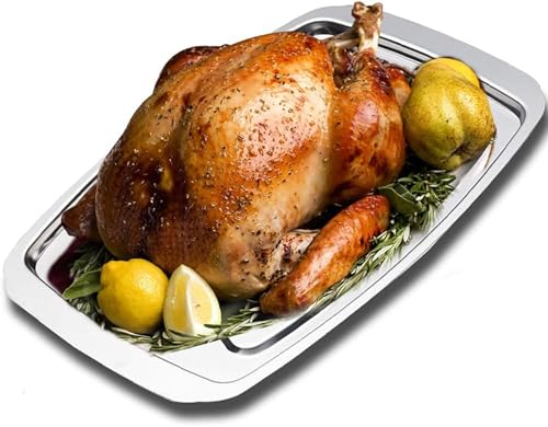 CTTPEG Bandeja de acero inoxidable para pavo, plato de pollo asado, bandeja para hornear, bandeja gruesa para servir con picos antideslizantes para cortar carne