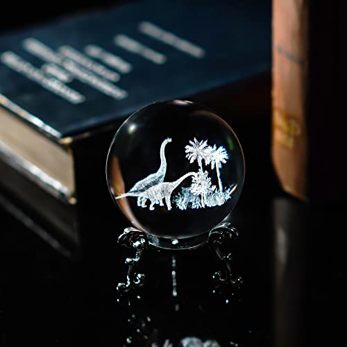 Zeershee 2.3Inch Decorative Crystal Ball,3D Laser Etched Crystal Dinosaurs Figurines,Glass Ball With Stand,Crystal Dinosaurs Collectible Craft Gift For Home Decor Gifts For Kids Grandson #TOP4