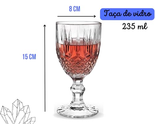 Conjunto Com 6 Taças Diamond Transparente 235ml Vidro Grosso Luxuoso Premium Metalizada Diamante Beb