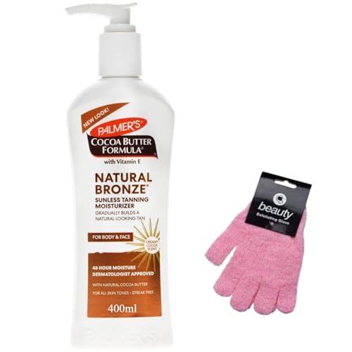 Cocoa Butter Body Lotion Natural Bronze Vitamin E - 400ml with - Exfoliating Glove - Gradual Tanning 24-Hour Moisturizer Maintains Tan Deep Hydration (bottle color may vary)