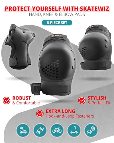 Image of SKATEWIZ Kids Knee Pads and Elbow Pads Set - Wrist Guards for Skateboarding - Smash - Size S Black - Skating Protective Gear, Roller Skates, Skateboard - Ice Skating Kids