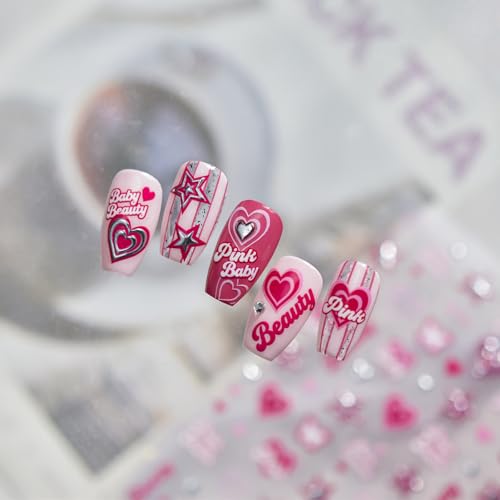 Image of 5D Embossed Pink Star Nail Stickers - Y2K Design Self-Adhesive Heart Nail Decals, DIY Cool Manicure Decoration Accessories for Women (1 Sheet)