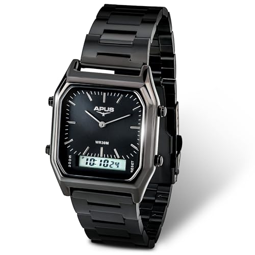 APUS Kappa Unisex Armbanduhr Quarz Analog & Digital – Edelstahlgehäuse schwarz quadratisch – Edelstahlarmband schwarz – Kalender, Tag & Monat – 38 mm Durchmesser – 3 bar wasserdicht