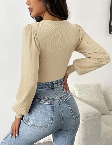 Image of Zeagoo Womens Sweaters Long Sleeve Bodysuits 2026 Fall Crewneck Puff Knit Pullover Tops