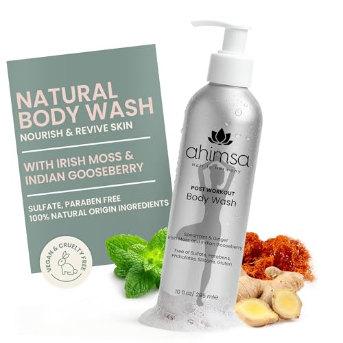 Ahimsa Gentle All Natural Body Wash for Women, Moisturizing Body Wash Sensitive Skin, Dry Skin & All Complexions, Invigorating Spearmint & Ginger Antioxidant-Rich, Plant-Based Sulfate Free (10oz)