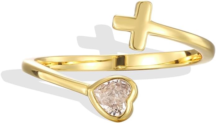 Heart Birthstone Open Ring Stackable Christian Rings For Women, Adjustable Purity Christian Elevated Faith Wrapped Cross Gold Ring