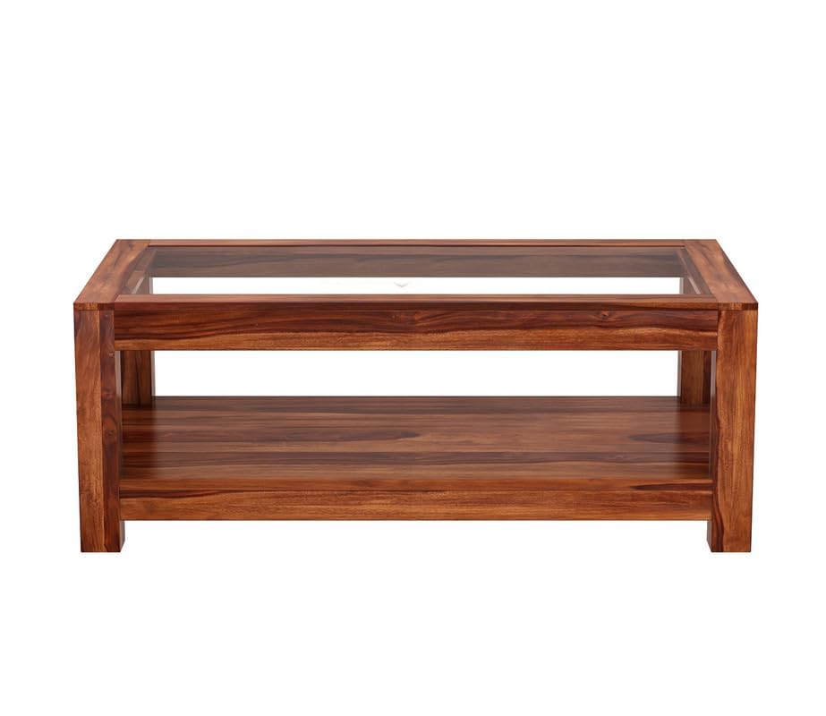 Image of Sheesham Wood Coffee Table for Living Room with Glass Top Multipurpose Tea Table Wooden Centre Table for Home Hall and Office Furniture | Teapoy Table (Honey Finish)