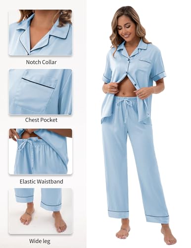 Image of UMBY Silk Satin Pajamas for Women Set 2 Piece button down Soft Silk Pjs Sets Cozy Silky Pajama Short Sleeve