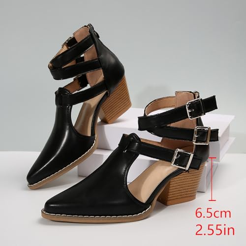 Womens Chunky Low Heels Closed Pointed Toe Ankle Strap Pumps Vintage Dress Wedding Party Shoes Women's Leather Block Heel Roman Sandals with Buckle Comfortable Retro Belt Shoes4