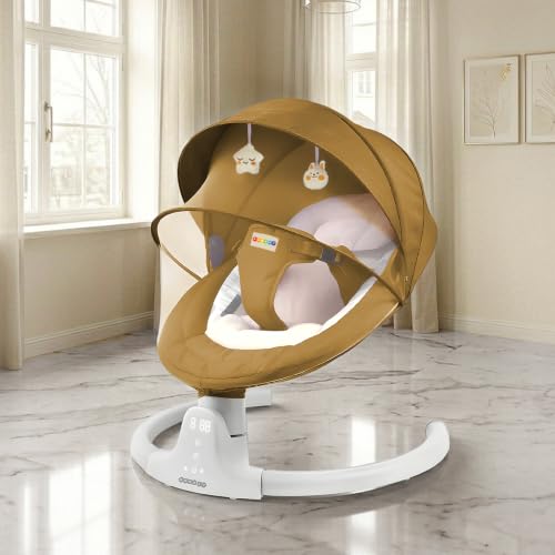Image of Electric Baby Swing Rocker for Infants with Remote Control, Bluetooth Music, 5-Point Safety Harness, Toys, Soft Cushion, Mosquito Net, Automatic Baby Cradle for 0-12 Months(Brown)