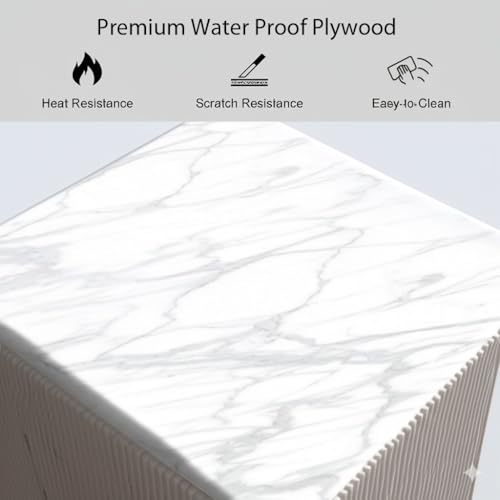 Image of Sonic Console Table, White Marble Top, Charcoal Louvers, Gold Accents, 66 x 15 x 22 Inch, Modern Entryway Storage Cabinet, Waterproof Plywood, PVD-Coated Legs, Elegant TV Unit
