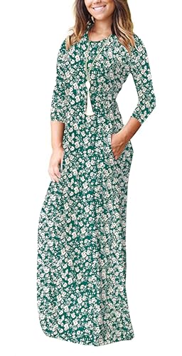 Image of WNEEDU Women's 3 /4 Sleeve Casual Loose Long Maxi Dresses with Pocket | Empire Elastic Waist, Crewneck, Floor Length, Soft Stretchy Flowy, Formal Dress, Wedding Wear, Solid Color and Prints