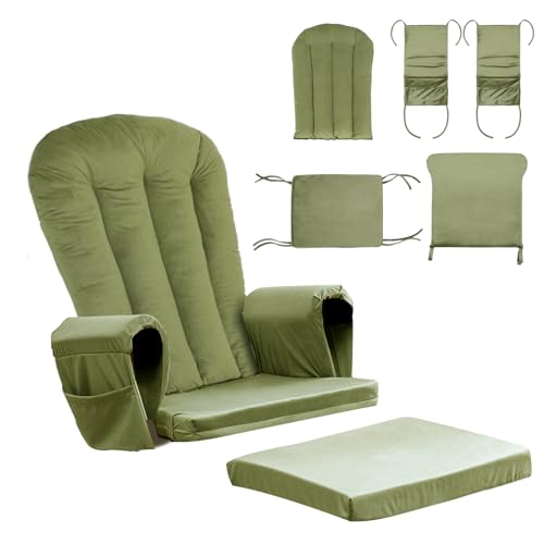 Image of Lucky Monet 5PCS Velvet Glider Rocker Replacement Cushions, Thickened & Supportive Rocking Chair Cushion Set with 29.5 Inch High Backrest & Storage Pockets, for Indoor Nursery Glider & Ottoman, Green