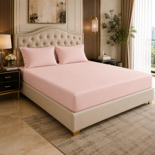 Image of LINENWALAS 100% Cotton Fitted Bedsheet, 400tc Long Staple Imported Egyptian Cotton, Soft, Premium Bed Sheet with Pillowcase for King Bed All-Around Elastic for 4-8 Inch Mattresses (72 inch x78 inch, Blush)