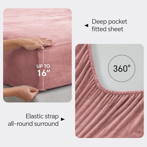 Image of BEDELITE Flannel Sheets Queen Size Dusty Pink - Super Soft Fleece Sheets Set Fluffy Extra Plush, 4 Piece(Include Fitted Sheet, Flat Sheet, 2 Pillowcases)