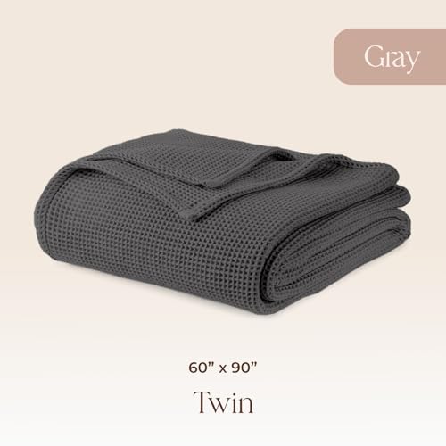 Image of 100% Organic Cotton Blanket - Soft Breathable Cotton Waffle Blanket Twin Size for All Seasons - Luxury 320GSM Cozy Warm Lightweight 100% Cotton Fairtrade Certified (60x90, Gray)
