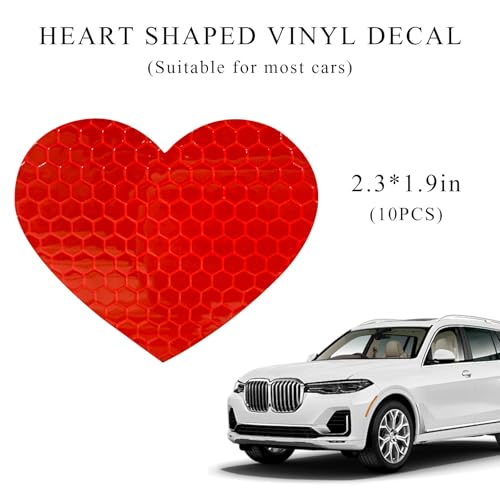 Image of 10PCS Vinyl Decal for Cars, High Intensity Reflective Sticker Night Safety Sign Bumper Decals, Waterproof Grid Vinyl Stickers Scratch Cover for Auto Window Laptop (Heart, Red)