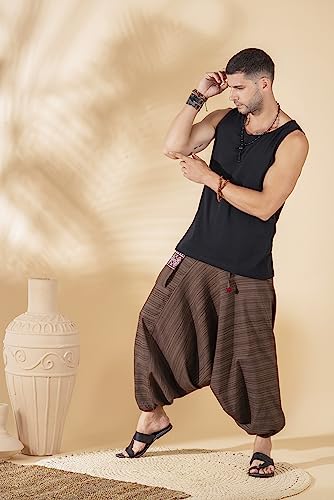 Image of The Veshti Company Cotton Baggy Pants Drop Crotch Harems for Men's Loose Boho Oversized Striped Meditation Yoga Pant with Pocket
