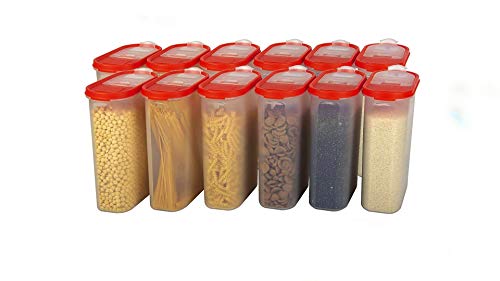 Cutting EDGE Flip-Top Modular Dispenser Containers Oval Set for Rice, Dal,Atta, Flour, Cereals, Pulses, Snacks, Stackable 2400 ML Set of 12 - RED Lids (Free Plain Lids Extra for Each Container)