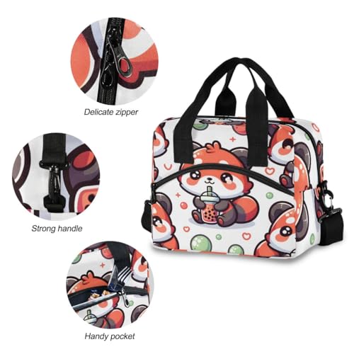 Image of Lunch Bag Cute Red Panda with Bubble Tea Cartoon Insulated Lunch Box for Women Men Tote Bag with Detachable Shoulder Strap for Office School Picnic Hiking