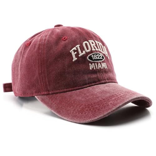 Florida Hat Distressed Vintage Basebal Cap Cotton Sun Hat Trucker Cap (Red)
