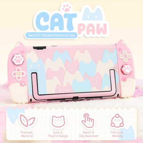 Image of Geekshare Protective Case Set Compatible with Switch 2, PC Back Plate with Silicone Joysticks Covers, Includes 2 Thumb Grips, Waterproof Protection (Pink Cat, for Switch 2)