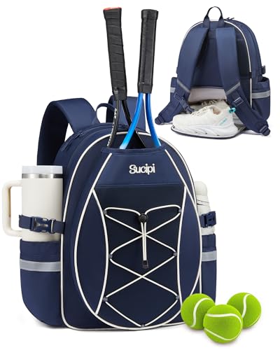 Sucipi Tennis Bag for Kids, Professional Youth Tennis Bag Backpack to Hold 2 Rackets, Tennis Gifts for Boys Girls, Navy Blue