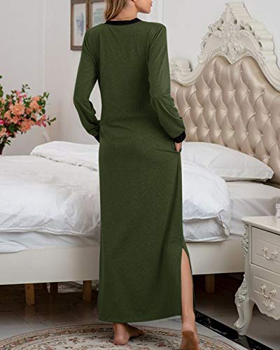 Women's Nightshirt Long Sleeve Nightgown Round Neck Sleepwear Full Length Pajama Dress With Pockets Loungewear #TOP2