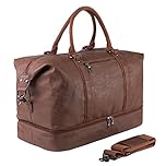 Travel Bag with Shoe Pouch,Weekender Overnight Bag Waterproof PU Leather Large Carry On Bag Travel Tote Duffel Bag for Men or Women,Brown