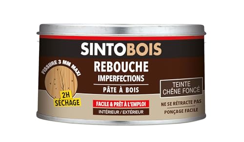 SINTOBOIS - Rebouche Petits Trous - Pâte à Bois - Prêt à l'Emploi - Sec en 2h - Formule Solvantée - Intérieur et Extérieur - Ne se Rétracte pas - Chêne Foncé - Technique Professionnelle - 250 g