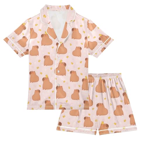 senya Cute Capybara Duck Satin Summer Pajama Sets Silk Short Sleeve Button Down Sleepwear