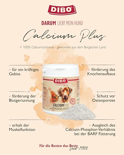 DIBO Calcium Plus, 800g-Dose, Futterergänzung als gesunde, natürliche, artgerechte Ernährung für Hunde und Katzen, Hundefutter, Barf, B.A.R.F. Pulver