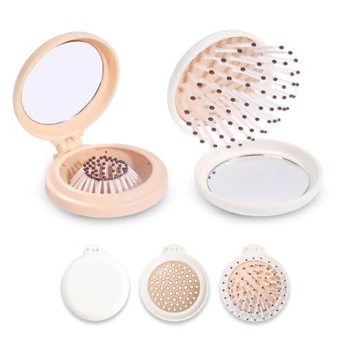 2 Paquetes Cepillos Plegables de Pelo de Viaje,Redondo Peine de Viaje Plegable con espejo,Portátil Peine de Bolsillo,Amarillo lechoso y blanco lechoso