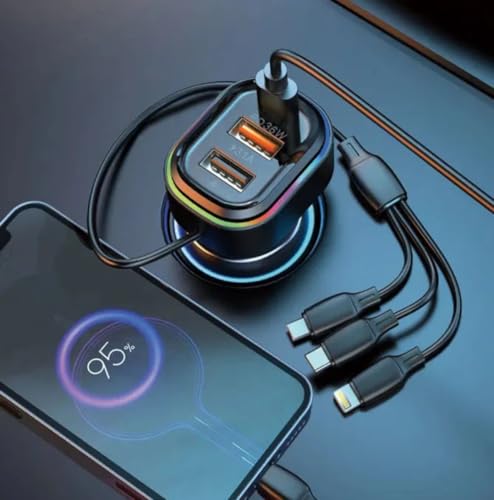 Image of Jaxter 3-in-1 Fast Car Charger with Built-in Micro USB, Type-C & Light ning Cables + Extra USB Port | PD Rapid Charging Adapter for All Smartphones & Devices