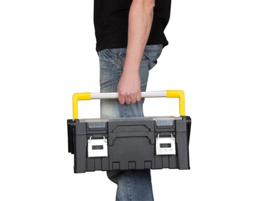 Perel Organizer porta attrezzi 21 L con 12 scomparti e 2 livelli, cassetta attrezzi con maniglia in alluminio e chiusure metalliche, organizer per viti e piccoli componenti, 45,5 x 24 x 20 cm