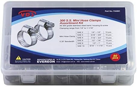 YDS 80 Pieces All 300 Grade Stainless Steel Mini Hose Clamps Assortment Kit, SAE Size 2 1/2", 4 5/8", 5 3/4", 6 7/8", 8 1", 10 1-1/16"
