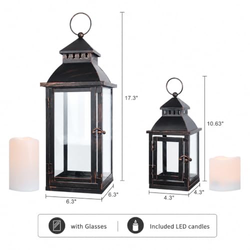 Image of NEEDOMO Lanterns Decorative Outdoor&Indoor, Set of 2 Large Bronze Metal Lantern Decor with Glass, Candle Holder for Porch, Patio, Garden, Balcony, Wedding, Table Centerpiece Decor with LED Candles