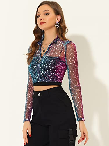 Allegra K Women's Crop Bomber Jacket Sheer Tops Mesh Sparkly Glitter Rave Outfit Halloween Clubwear Night Out Top3