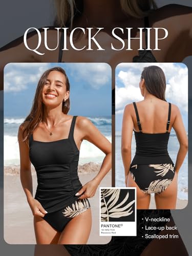Image of CUPSHE Women's Tankini Sets Square Neck Two Piece Bathing Suit Ribbed | Removable Soft Cups, Ruched Tummy Control, Adjustable Straps, Mid Rise Bottom, Fully Lined, Moderate Coverage, Beach Vacation