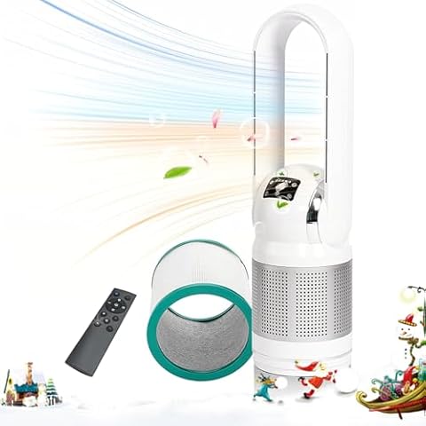 HEATIT Bladeless Fan with Remote and Air Purifier Tower Fan 80° Oscillating with 8 Speeds 8H Timer Air Circulator Fan HEPA Filter with PM 2.5 for Home Bedroom Kitchen and Office White Cover