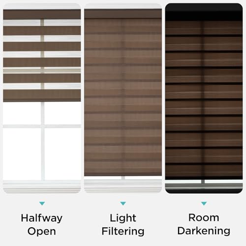 Joydeco Cordless Zebra Blinds for Windows, Dual Layer Light Control Window Blinds with Light-Proof Aluminum Cover, Free-Stop Roller Shades for Home & Office (Coffee,15" W x 48" H)