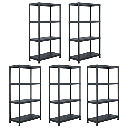 Molumvel Juego de 5 estanterías de plástico para cargas pesadas, con 4 estantes, 60 x 30 x 138 cm, color negro