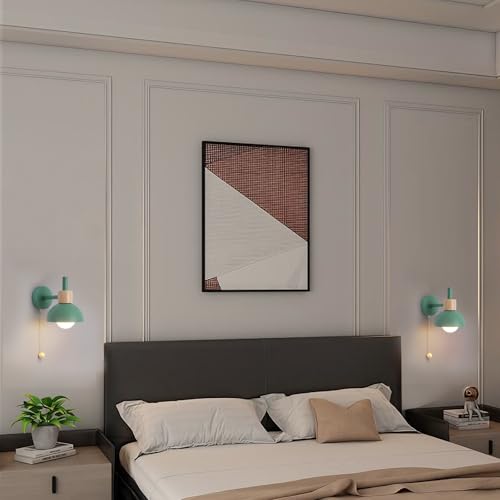 Image of Pull Chain Wall Sconce for Bedroom, Vintage Bedside Wall Lamp with E26 Socket, Wall Lighting for Kids Room Hallway Boys Girls (Green)