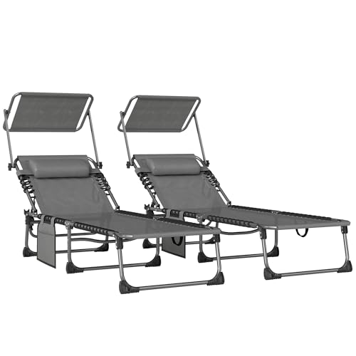 Outsunny Set de 2 Tumbonas Jardín Exterior, Tumbonas Plegables con Reposacabezas, Parasol y Bolsillo Lateral, Respaldo Reclinable 5 Posiciones y Asiento Malla Transpirable para Playa, Piscina, Gris